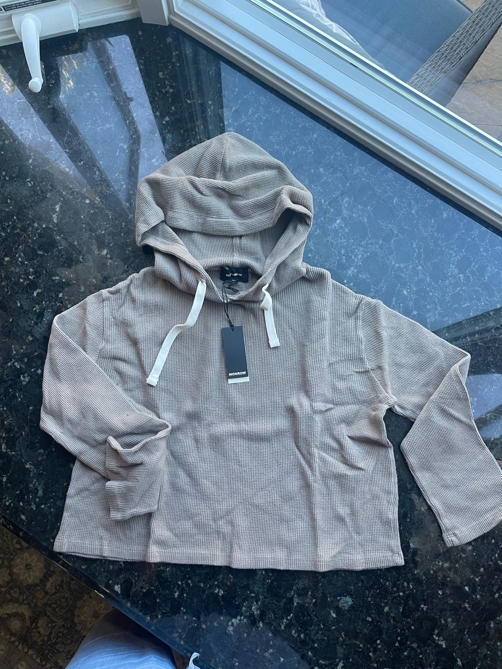 Monrow Taupe Waffle Hoodie with White Drawstrings Pebble color